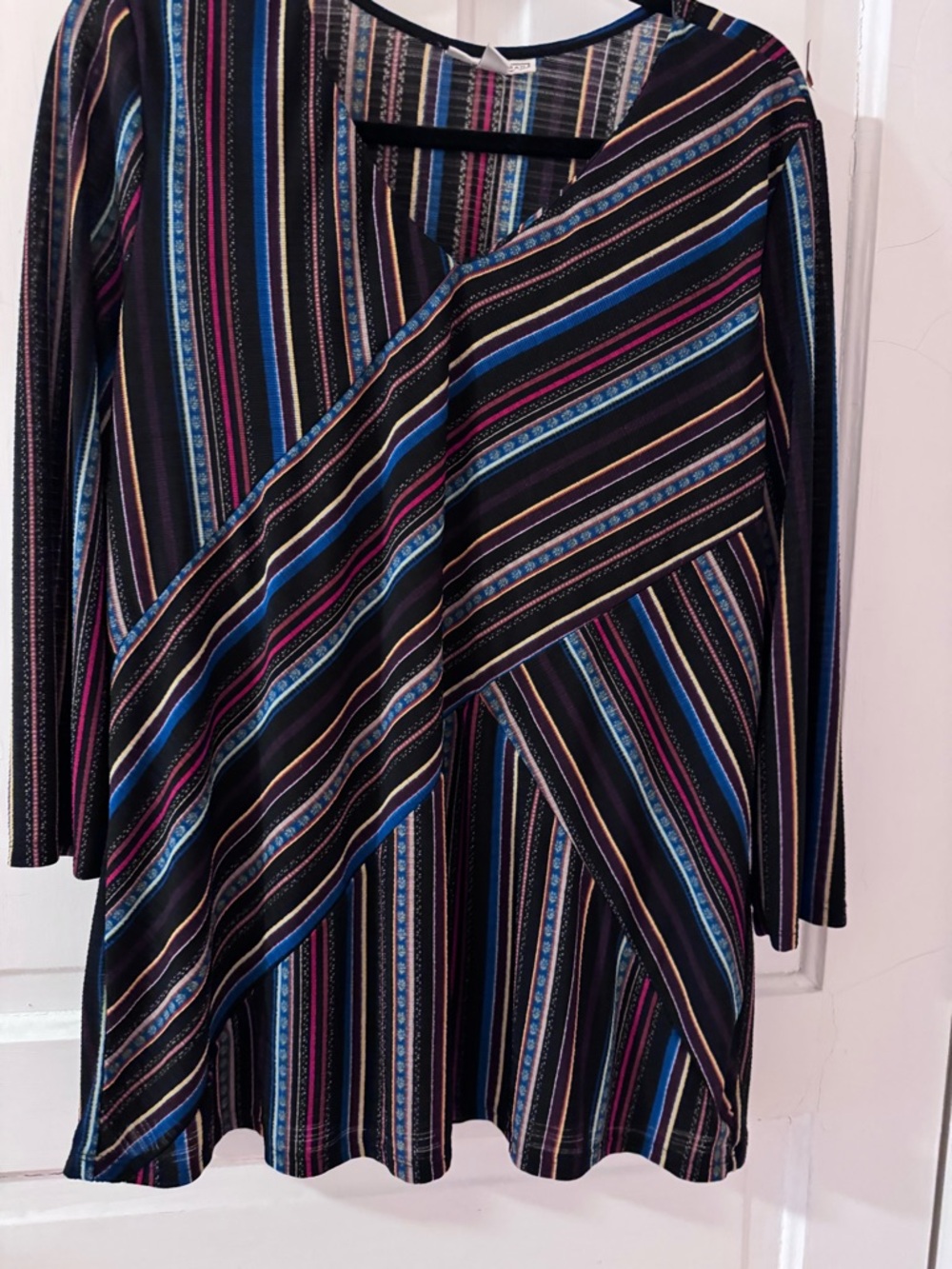 Dana Buchman Striped V-Neck Tunic in Black with Blue and Pink Accents